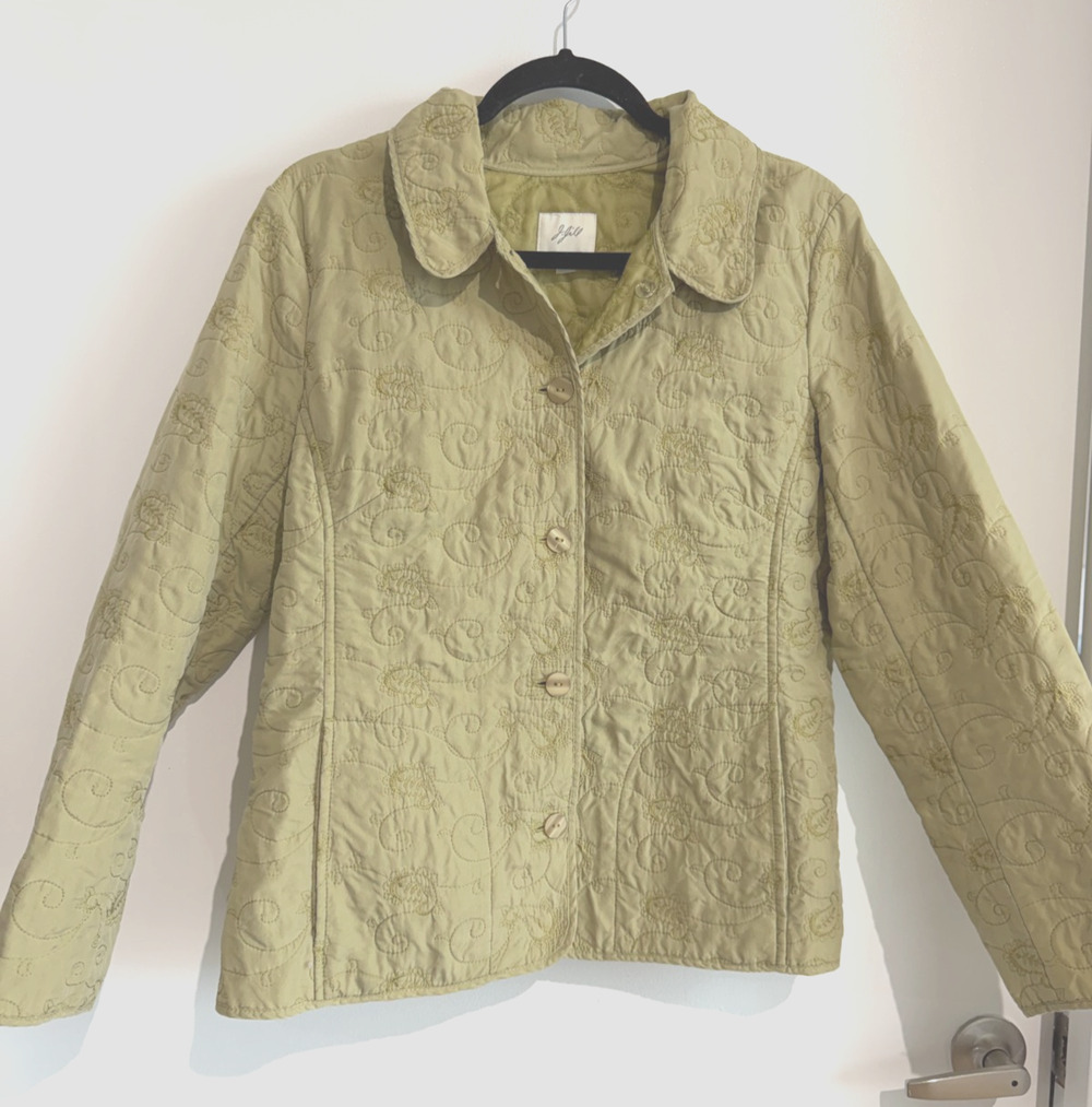 Vintage J. Jill Quilted Green Chartreuse Silk Floral Embroidery Jacket Size M